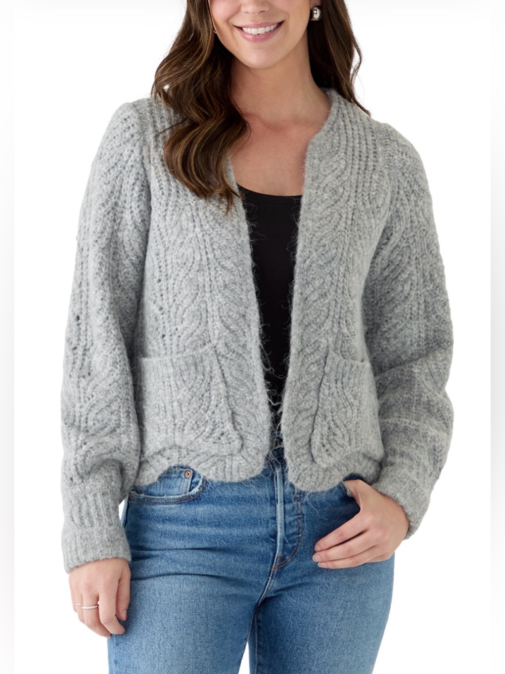 SINGLE THREAD Cozy Cable Knit Open Cardigan Sweater - Light Gray